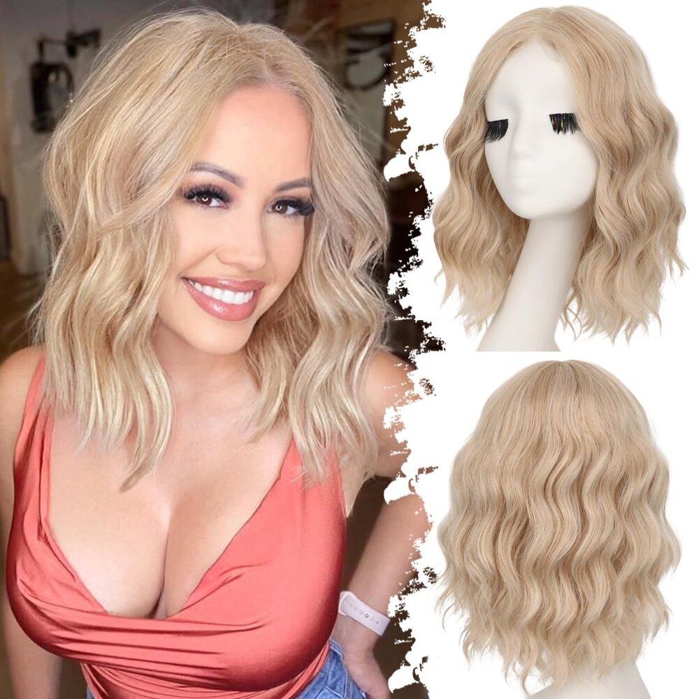 Honey Blonde Mix Platinum Blonde Short Wavy Wig for Women Lace Hairline Bob‎